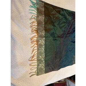 Rare CIE Hand Made fringed silk green and brown  iridescent scarf 
Made in India